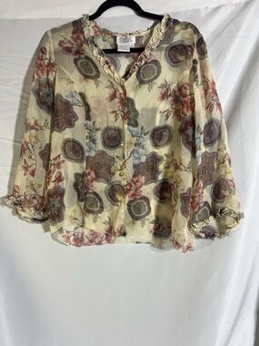 Tess Studio 100% Silk Vintage Women's Shirt Ecru Floral Sheer Button Up Sz 10